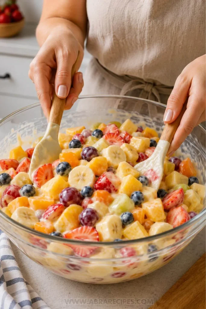 mixing fruit salad with vanilla pudding in bowl