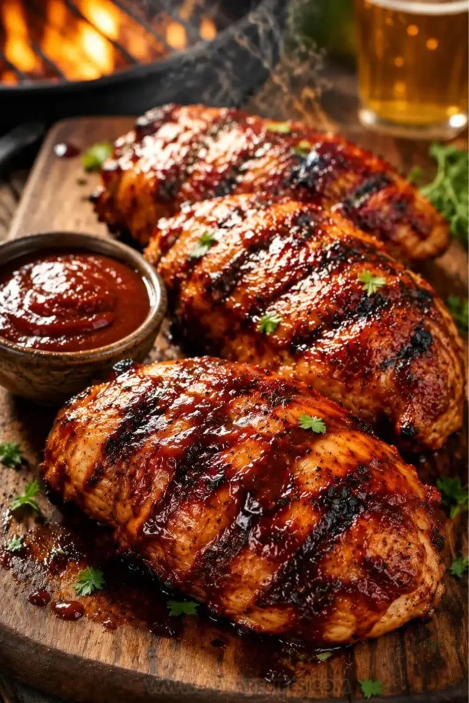 Juicy grilled BBQ chicken breasts glazed with homemade barbecue sauce.