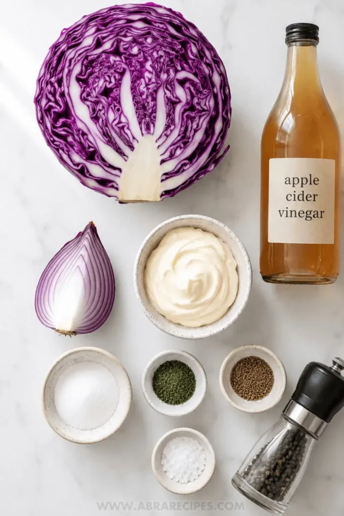 Red cabbage slaw ingredients including purple cabbage, mayonnaise, apple cider vinegar, and spices on white marble 