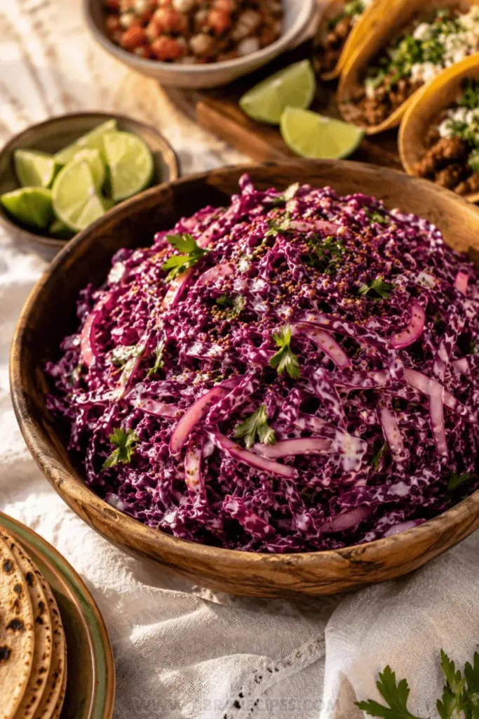 Wooden bowl of red cabbage slaw garnished with parsley beside a taco spread with lime wedges and corn tortillas