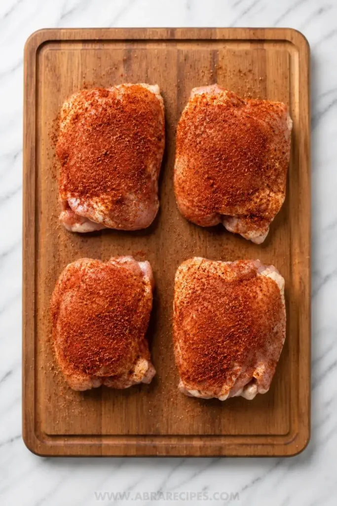 Four boneless chicken thighs coated in smoked paprika spice rub on an orange cutting board