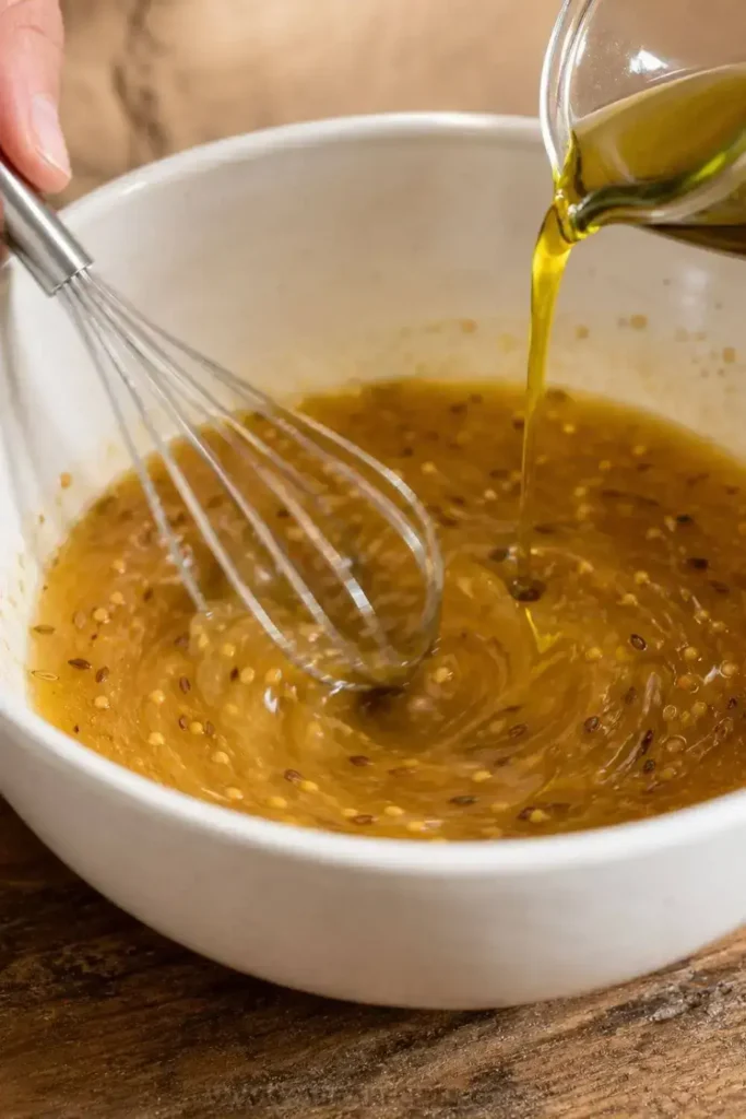Hand whisking apple cider vinegar coleslaw dressing in a white bowl while streaming in olive