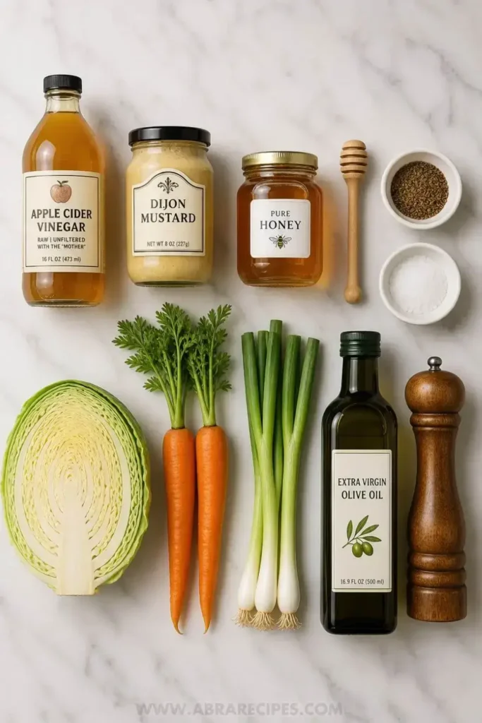 All vinegar coleslaw ingredients laid out on marble including cabbage, carrots, apple cider vinegar, Dijon mustard, and honey