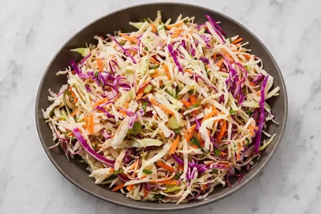 Bowl of vinegar coleslaw with shredded cabbage, carrots, and scallions in apple cider vinegar dressing