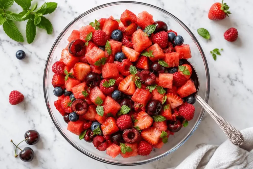 watermelon fruit salad in a glass bowl showing juicy watermelon cubes, mixed berries, and fresh mint leaves coated in mint lime dressing