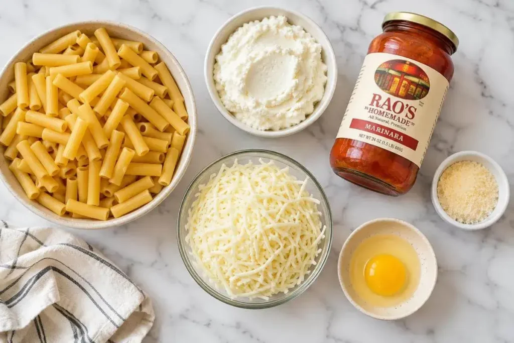 Ingredients for easy baked ziti including ricotta, mozzarella, ziti pasta, and marinara sauce