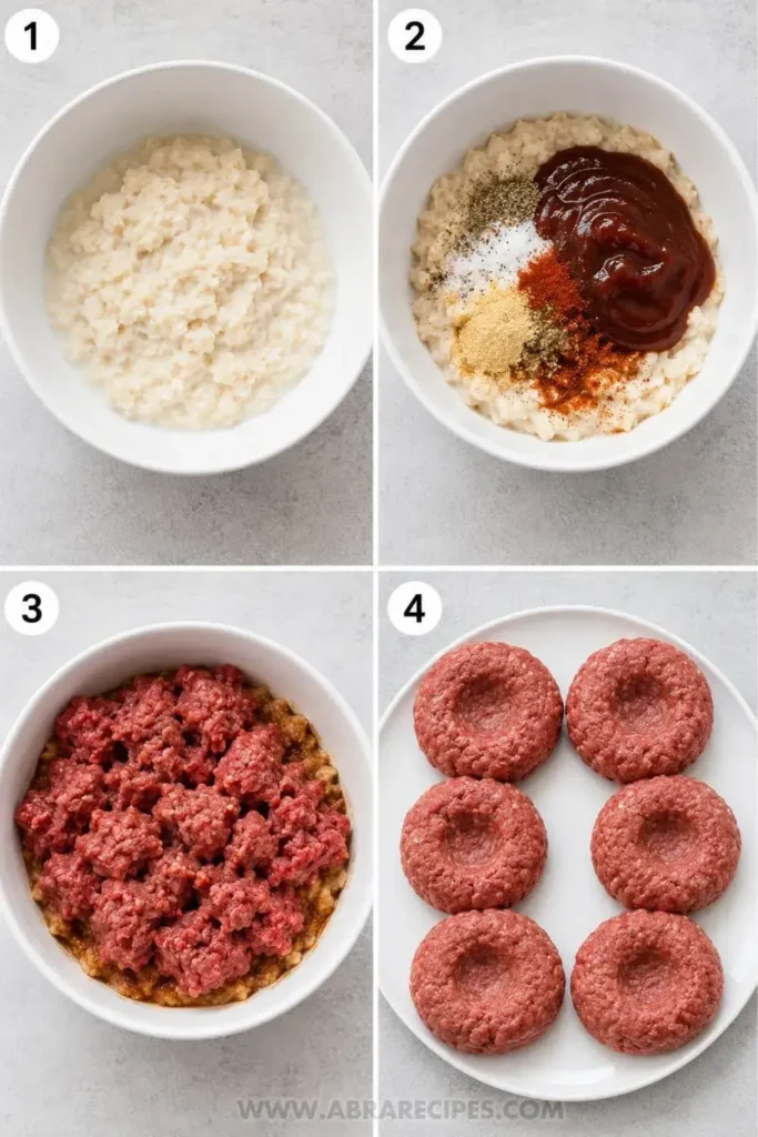 Step by step photos showing how to make a beef burger patty with panade, seasonings, ground beef, and formed raw patties