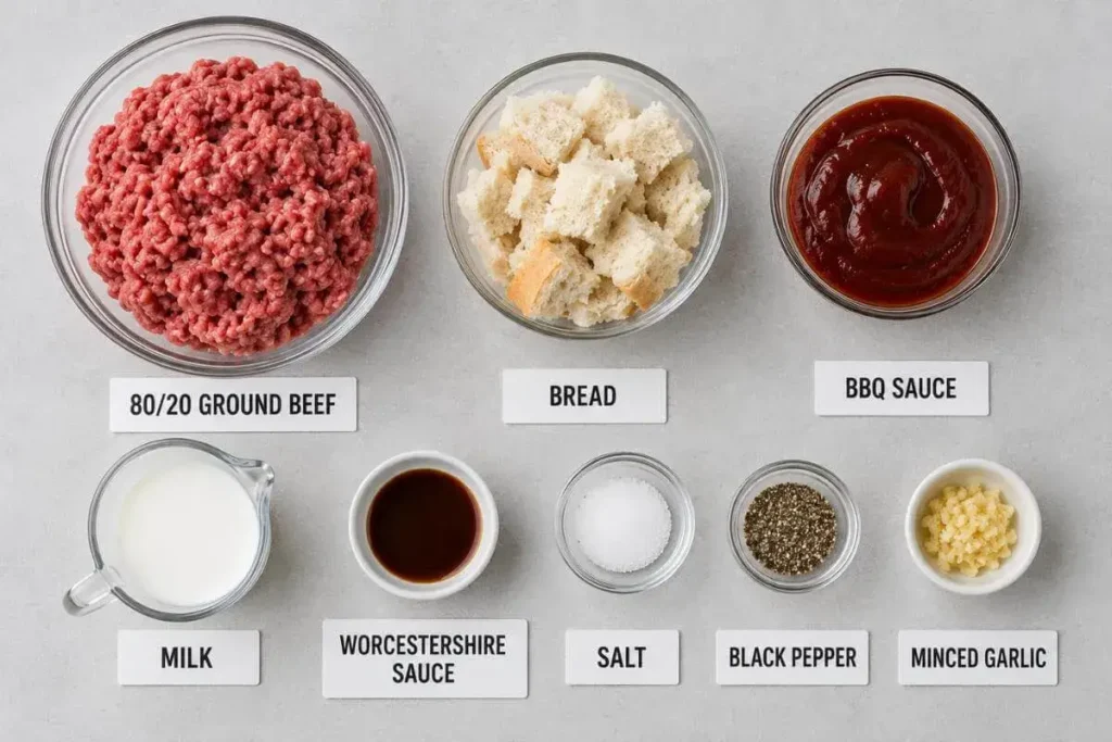 Beef burger recipe ingredients including ground beef, bbq sauce, bread, milk, worcestershire sauce, garlic, salt and pepper