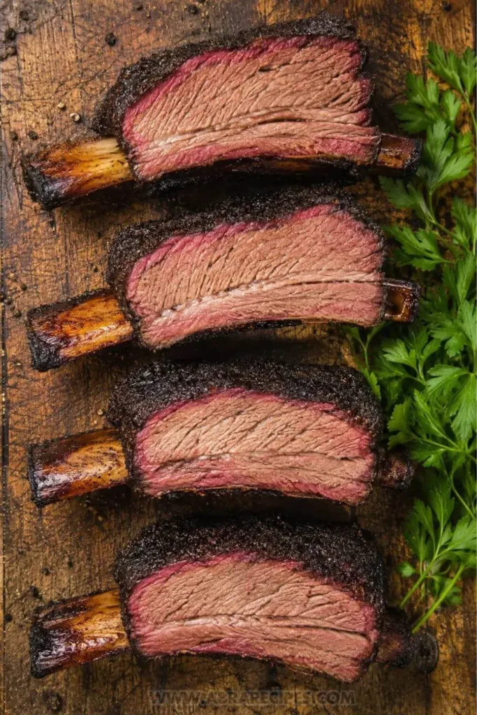 Four individual smoked beef ribs laid on a rustic wooden cutting board with a deep smoke ring visible