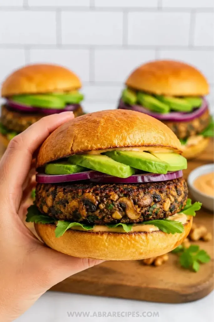 Hand holding a veggie burger with charred patty, avocado, and red onion on a toasted bun