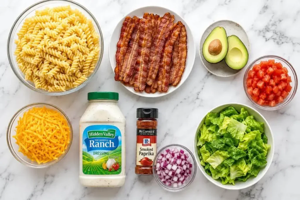 Ingredients for BLT pasta salad including rotini pasta, beef bacon, avocado, tomatoes, cheddar cheese, and ranch dressing arranged on white marble