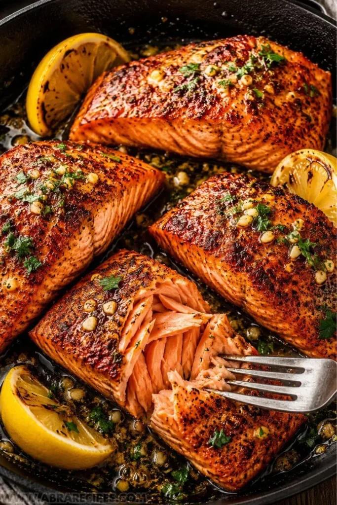 Flaky Cajun salmon fillet with garlic butter sauce served in a skillet with lemon