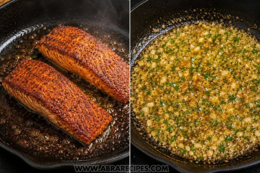 Cajun salmon searing in skillet and garlic butter sauce building in same pan