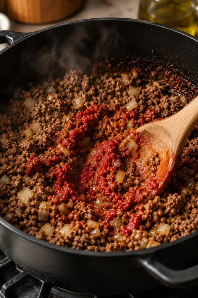Tomato paste being stirred into browned ground beef and onion in a Dutch oven for cheeseburger casserole