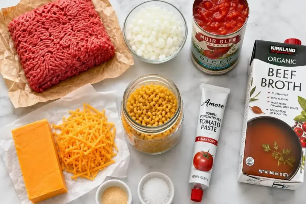 Flat lay of cheeseburger casserole ingredients including ground beef, sharp cheddar, elbow macaroni, and diced tomatoes on marble