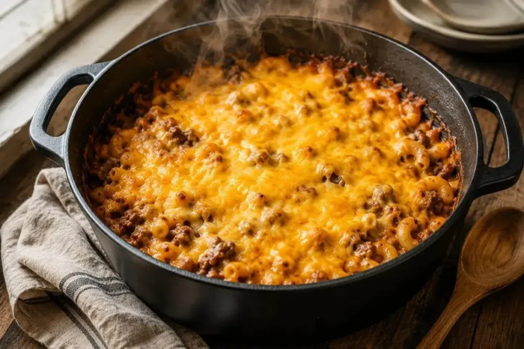 Overhead view of cheeseburger casserole with golden broiled cheddar in a black Dutch oven