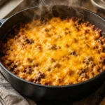 Overhead view of cheeseburger casserole with golden broiled cheddar in a black Dutch oven