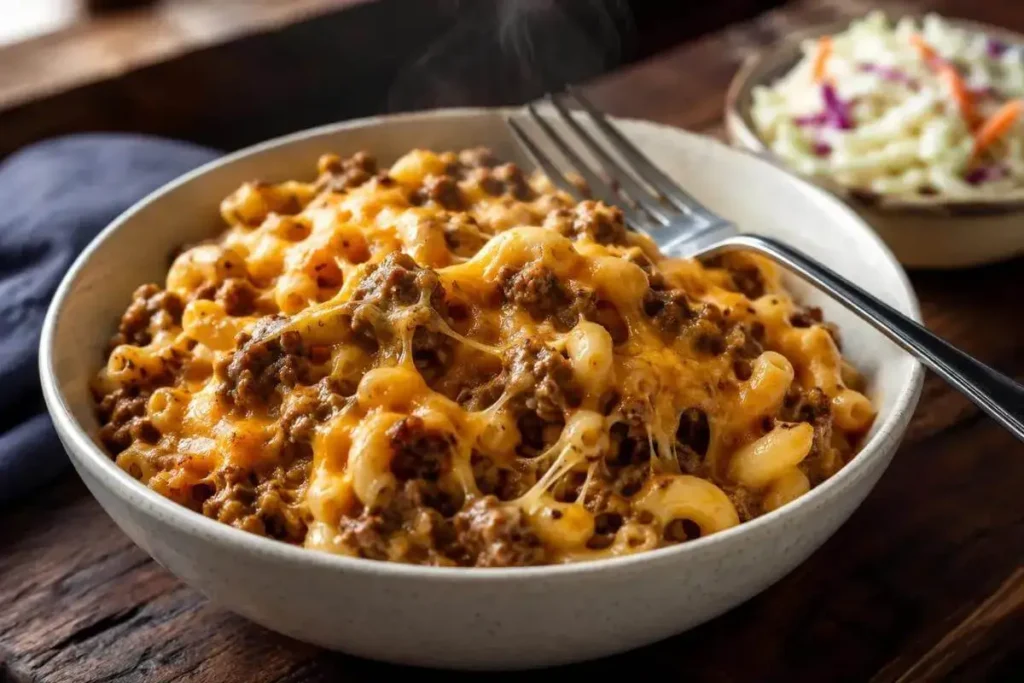 Bowl of cheeseburger casserole with ground beef, elbow macaroni, and melted cheddar served as a weeknight dinner