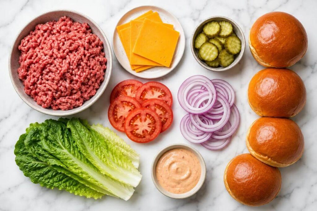 Cheeseburger ingredients flat lay including ground beef, cheddar slices, pickles, tomatoes, red onion, romaine lettuce, burger sauce, and brioche buns on a marble surface