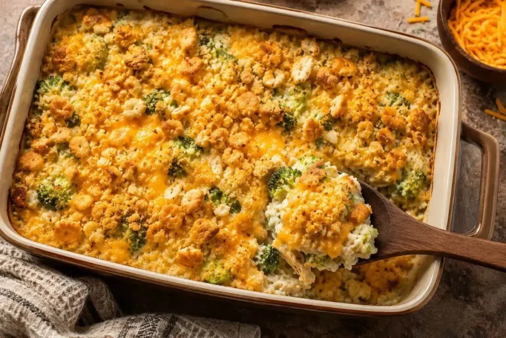 Chicken broccoli rice casserole in a golden baking dish with a buttery Ritz cracker crust and melted cheddar cheese, served with a wooden spoon