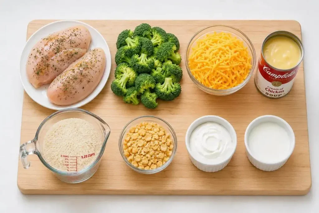 Fresh ingredients for chicken broccoli rice casserole arranged on a wooden cutting board including raw chicken breasts, broccoli florets, shredded cheddar cheese, Ritz crackers, and canned cream of chicken soup