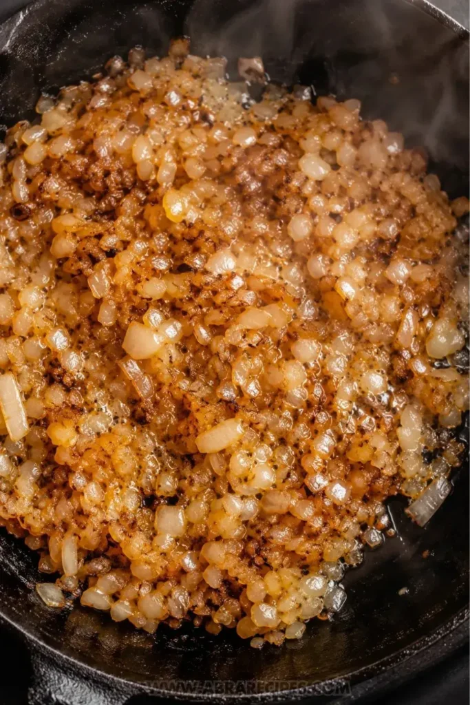 Finely chopped yellow onions caramelizing golden brown in a cast-iron skillet with butter, the key step for moist ground chicken burger patties