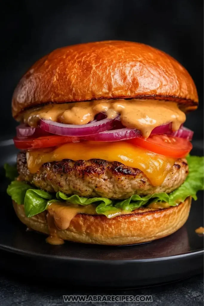 Fully assembled ground chicken burger with melted cheddar, butterhead lettuce, tomato, red onion, and smoky burger sauce on a toasted brioche bun served on a dark ceramic plate