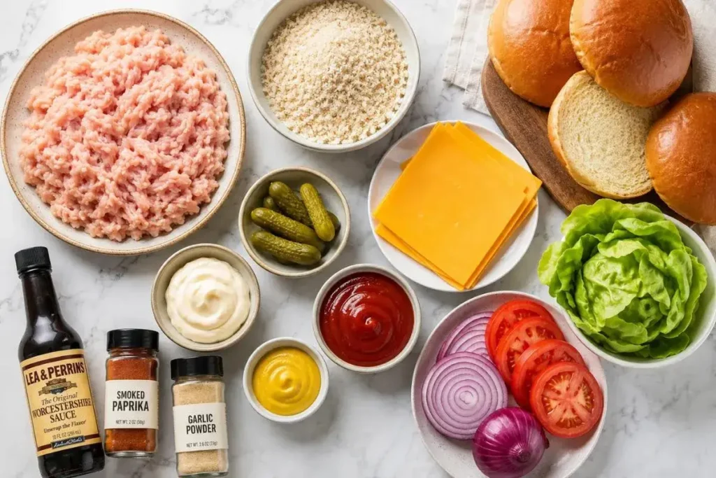 all ingredients for ground chicken burgers including raw ground chicken, panko, cheddar slices, gherkins, brioche buns, and seasonings