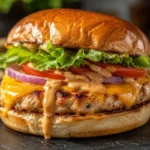 Juicy ground chicken burgers with melted cheddar, butterhead lettuce, and smoky burger sauce on toasted brioche buns