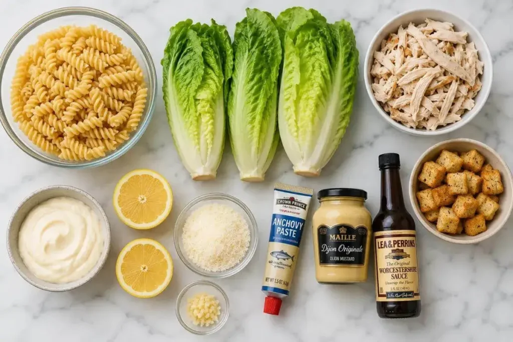 Ingredients for Chicken Caesar Pasta Salad including rotini, romaine, rotisserie chicken, Parmesan, lemon, mayonnaise, and Dijon mustard