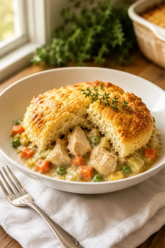 Single serving of chicken pot pie casserole with biscuit in a white bowl