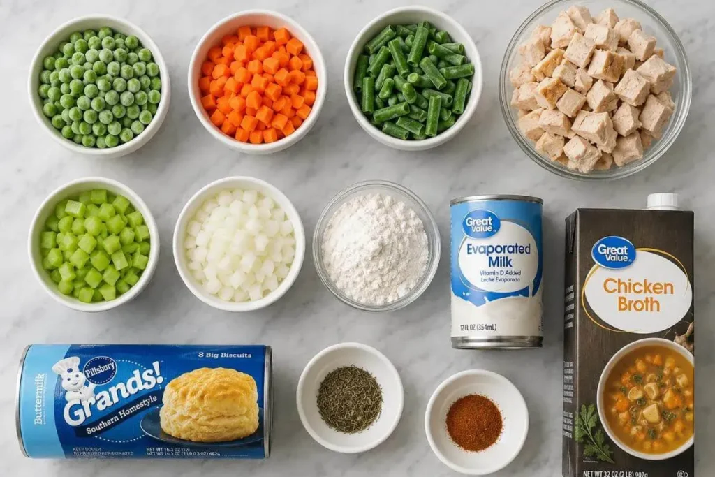 All ingredients for chicken pot pie casserole arranged on a marble surface