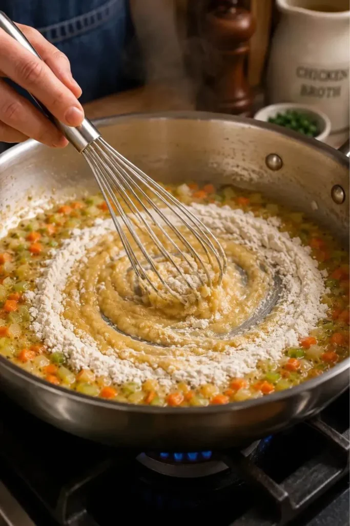 Whisking flour into oil to make roux for chicken pot pie casserole filling