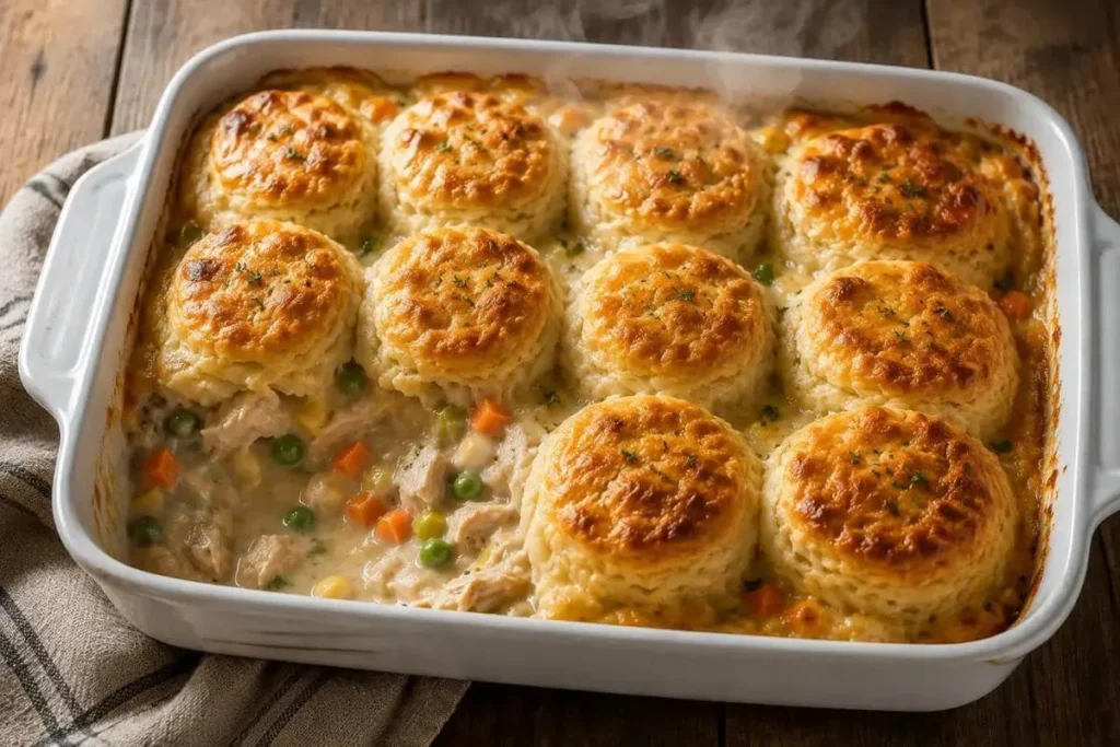Chicken pot pie casserole with golden biscuit topping in a white baking dish