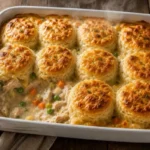 Chicken pot pie casserole with golden biscuit topping in a white baking dish