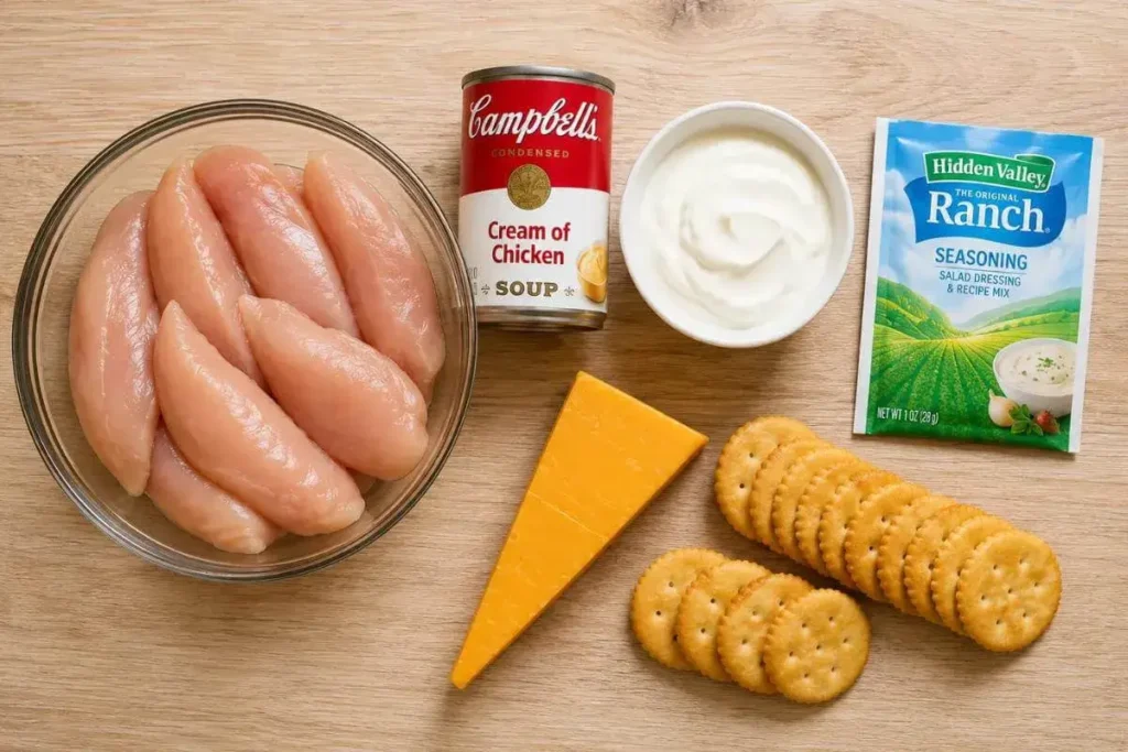 Flat lay of ingredients for creamy chicken ranch casserole: chicken tenderloins, cream of chicken soup, sour cream, ranch seasoning, cheddar cheese, and Ritz crackers