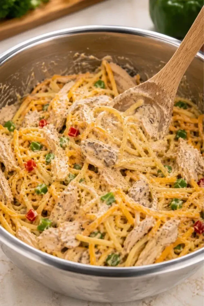 Mixing chicken spaghetti filling in a large stainless steel bowl with a wooden spoon