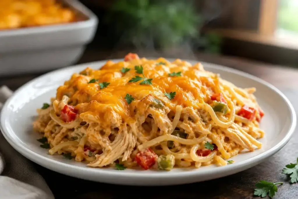 A generous serving of cheesy chicken spaghetti on a white plate with fresh herbs
