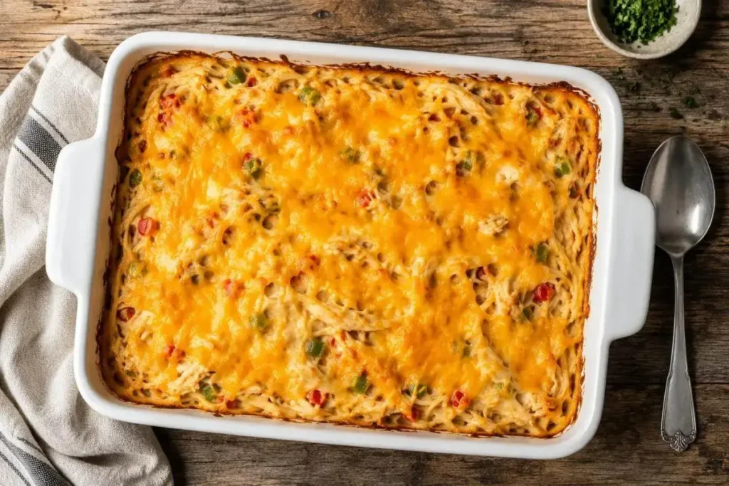 Cheesy chicken spaghetti casserole fresh from the oven in a white 9x13 dish