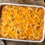 Cheesy chicken spaghetti casserole fresh from the oven in a white 9x13 dish