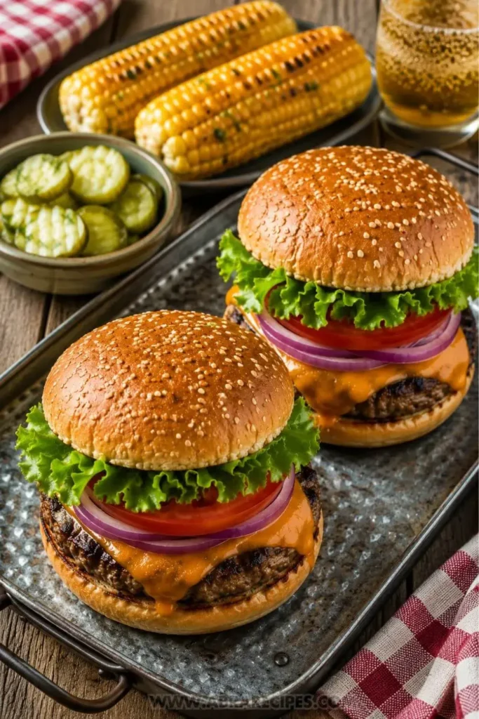 the best beef burger recipe with melted cheddar, dill pickles, green leaf lettuce, tomato, and red onion on a toasted sesame seed bun