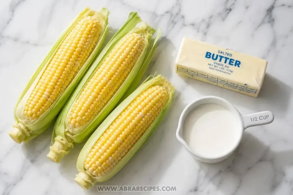 Fresh sweet corn ears, stick of butter, and cup of milk ingredients for boiled corn on the cob