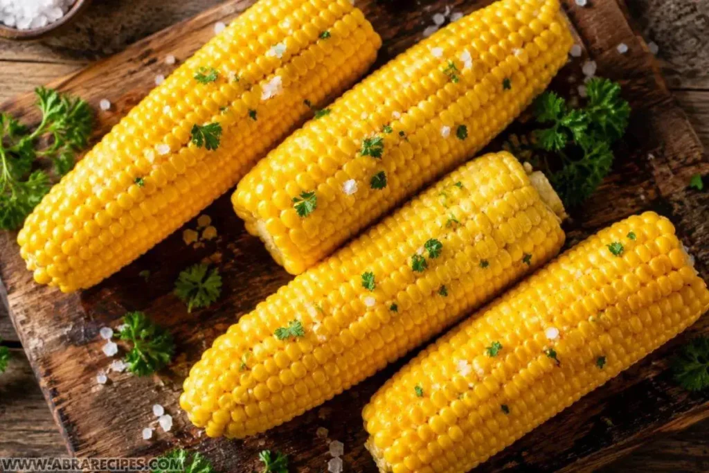 Golden corn on the cob boiled with milk and butter arranged on a wooden serving board