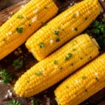 Golden corn on the cob boiled with milk and butter arranged on a wooden serving board