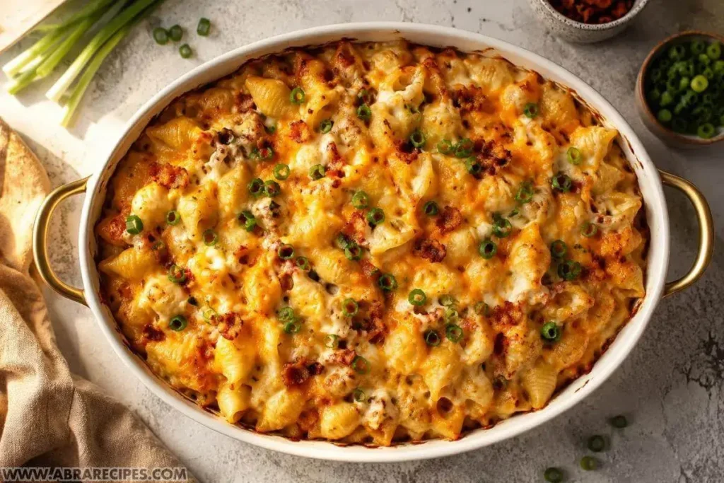 Golden bubbly crack chicken casserole with shell pasta and melted cheese in a white oval baking dish