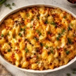 Golden bubbly crack chicken casserole with shell pasta and melted cheese in a white oval baking dish