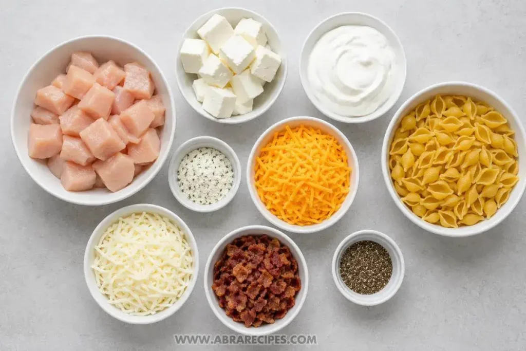 All crack chicken casserole ingredients in white bowls including chicken breast, cream cheese, sour cream, shell pasta, cheddar, mozzarella, beef bacon, and ranch seasoning
