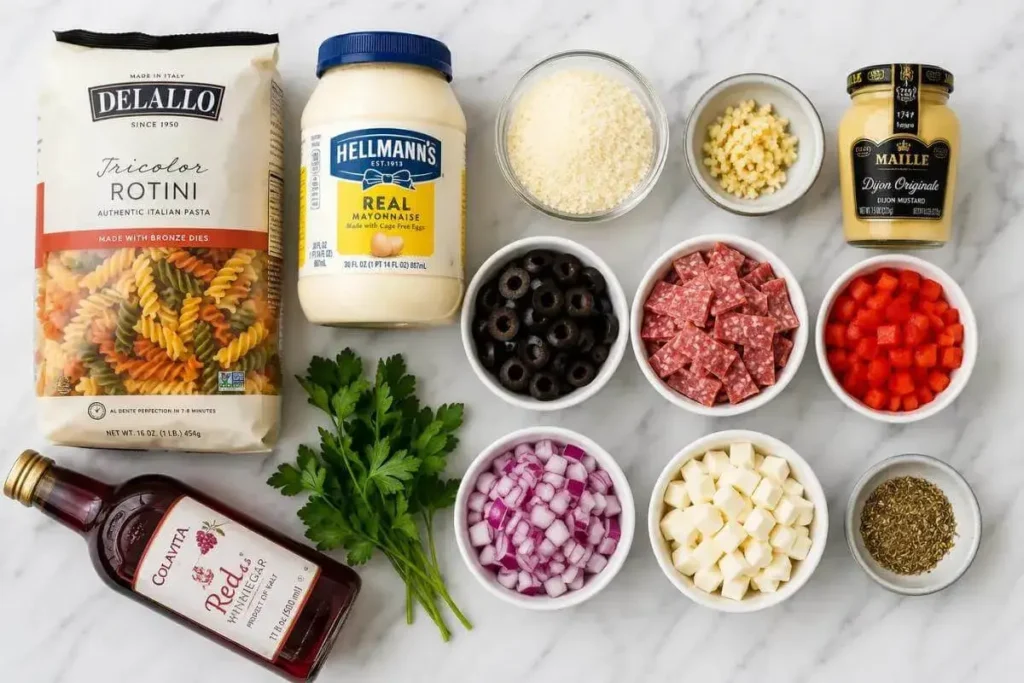 Ingredients for creamy Italian pasta salad laid out on marble: tricolor rotini, mayo, parmesan, salami, mozzarella, olives, and bell pepper