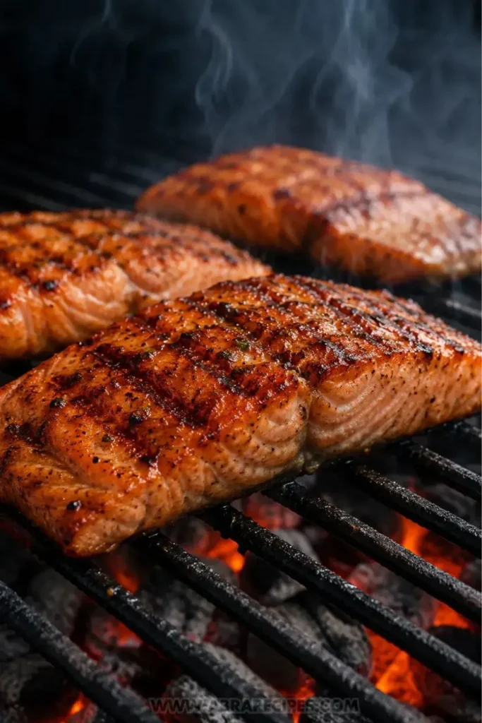 Multiple marinated salmon fillets with caramelized grill marks cooking on a charcoal grill grate