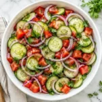 Fresh cucumber tomato salad with red onion, olive oil, and apple cider vinegar in a white bowl